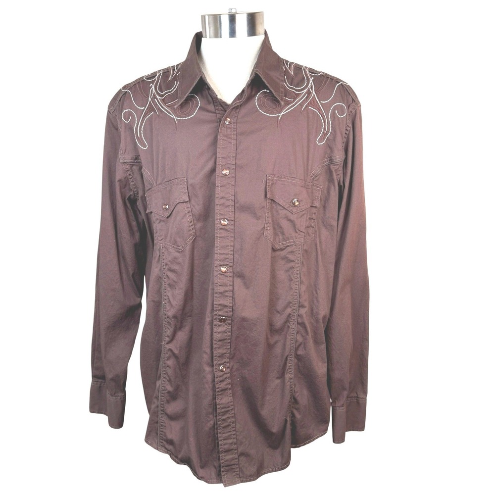Rock & Roll Cowboy Mens XL Brown Embroidered Pearl Snap Western Shirt B2S3027
